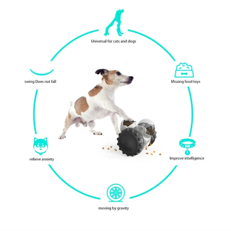 Interactive treat dispensing dog toy for anxiety relief and intelligence improvement.