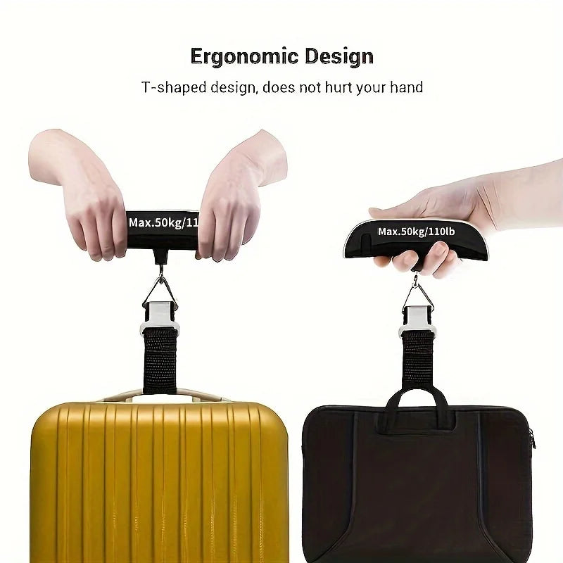 Ergonomic digital luggage scale with T-shaped design, 50kg/110lb capacity.