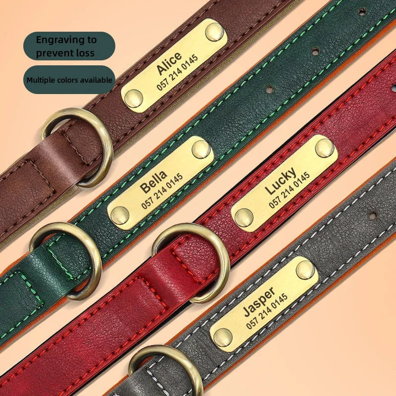 Personalized leather custom dog collar with engraved ID tags, available in multiple colors.