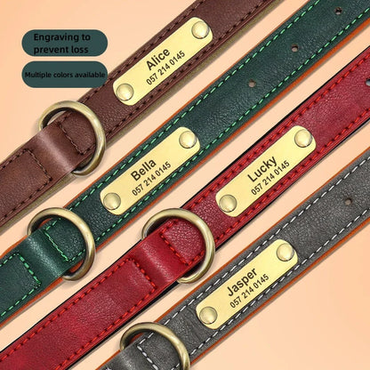 Personalized leather custom dog collar with engraved ID tags, available in multiple colors.