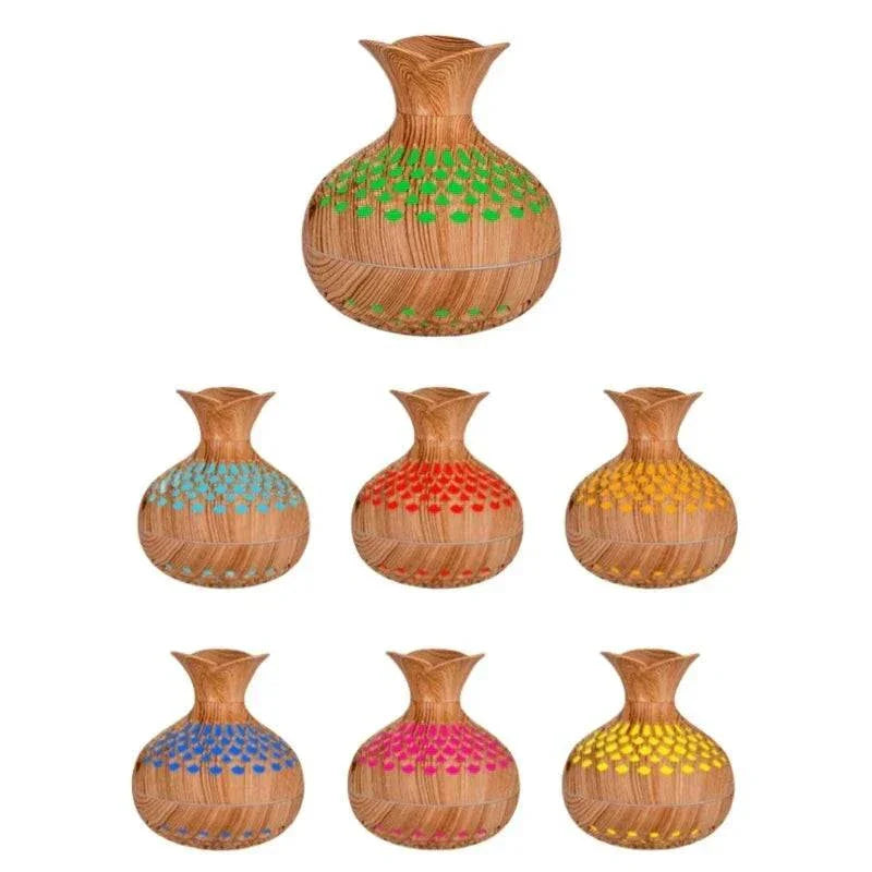 Wood grain humidifiers with colorful gradient lights in assorted hues.