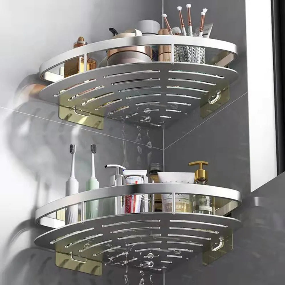 Corner shower shelf for bathroom storage, no drill, wall-mounted with aluminum design.