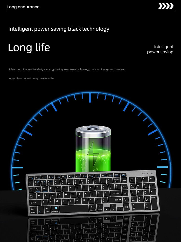 Wireless rechargeable keyboard with intelligent power-saving technology, showcasing long battery life.