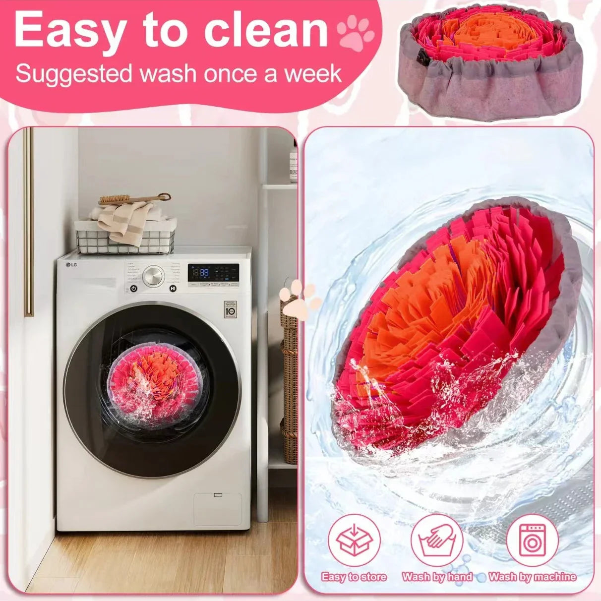 Interactive snuffle mat for dogs in a washing machine, easy to clean, made of fleece and felt.