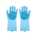 Blue pet grooming gloves with silicone bristles for hair removal and massage.