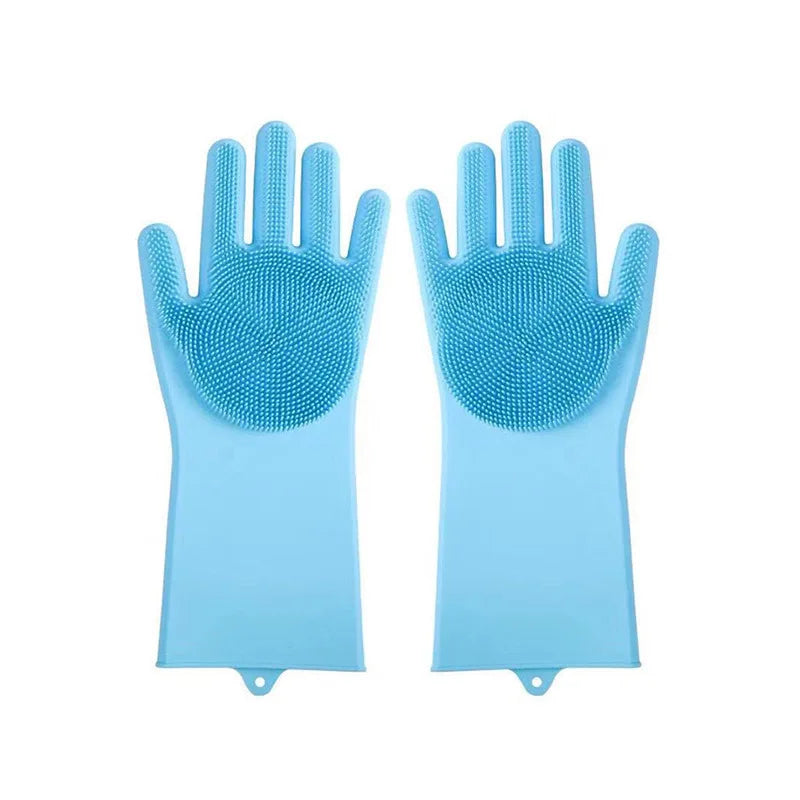 Blue pet grooming gloves with silicone bristles for hair removal and massage.