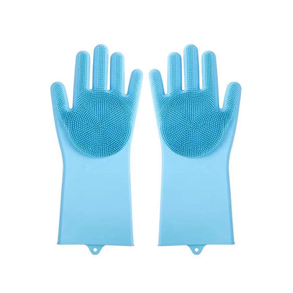 Blue pet grooming gloves with silicone bristles for hair removal and massage.