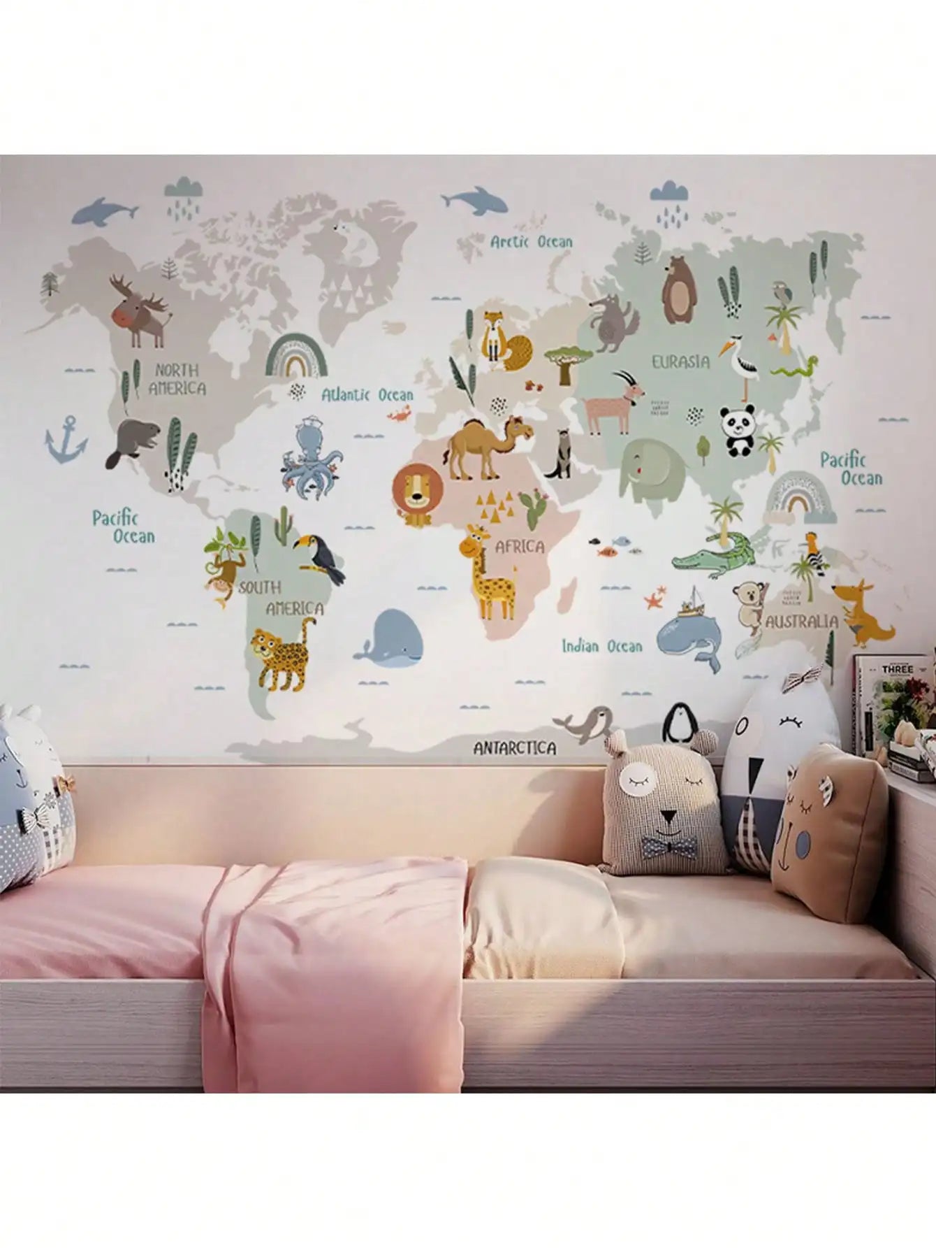 kids world map wall sticker with cartoon animals, bedroom decoration