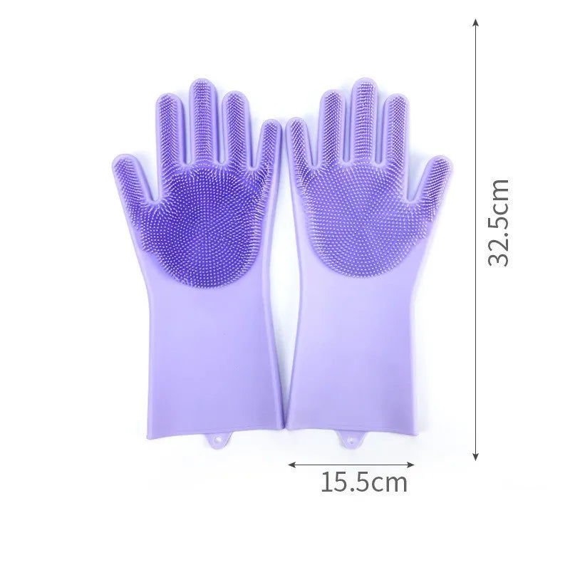 Pet grooming gloves in purple silicone with brush tips, measuring 32.5cm by 15.5cm.