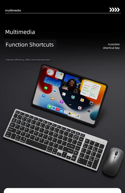 Wireless rechargeable keyboard with multimedia function keys and ergonomic design.