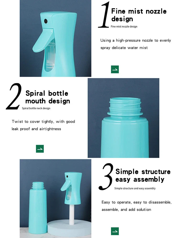 High pressure spray bottle with fine mist nozzle and easy assembly, 300ml macaron color design for versatile use.