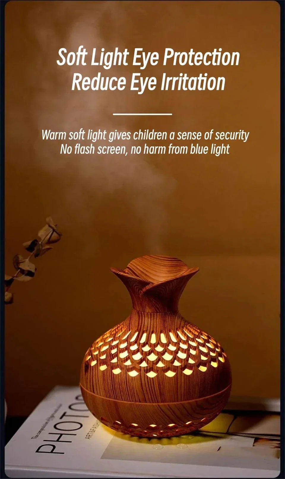 Wood Grain Humidifier with soft light for eye protection on a table.