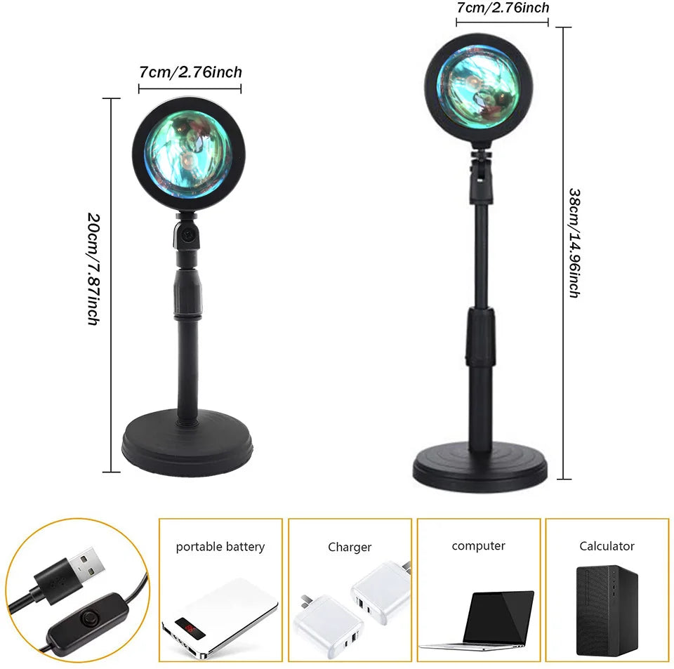 Sunset Lamp Projection LED Lights with remote, 16 colors, 360° rotation for photography.