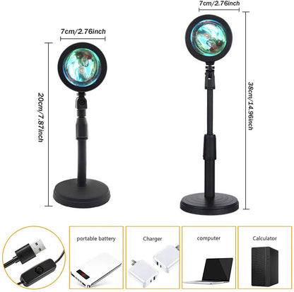 Sunset Lamp Projection LED Lights with remote, 16 colors, 360° rotation for photography.