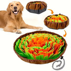 Interactive snuffle mat for dogs made of fleece and felt, featuring vibrant colors and a playful design.
