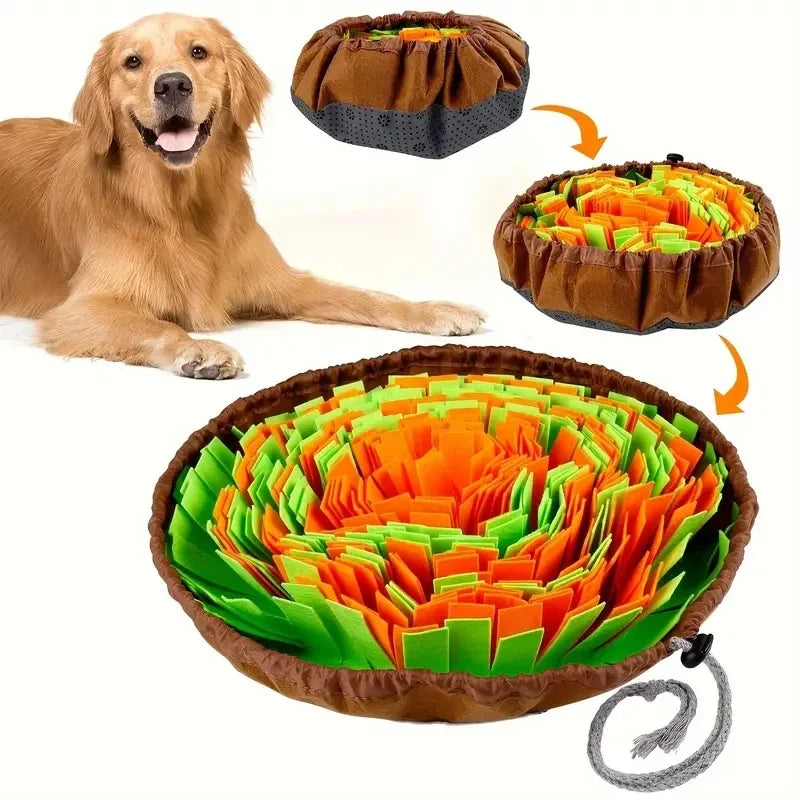 Interactive snuffle mat for dogs made of fleece and felt, featuring vibrant colors and a playful design.