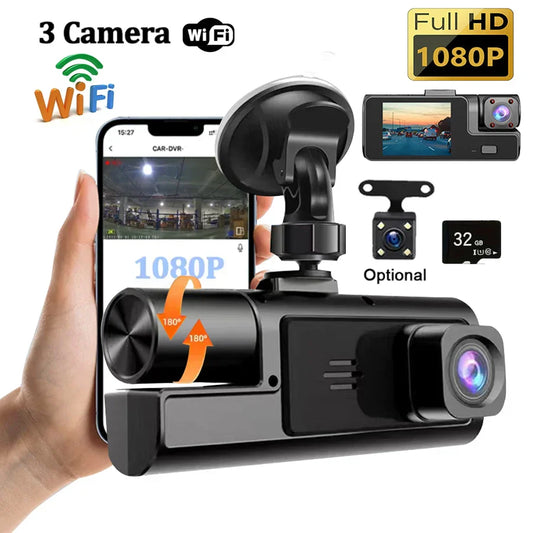 WiFi-enabled dash cam with 3 cameras, full HD 1080P, mobile app control, and optional rear camera.