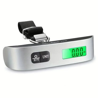 Portable digital luggage scale with LCD display and braided strap, measures up to 110 lb/50 kg.