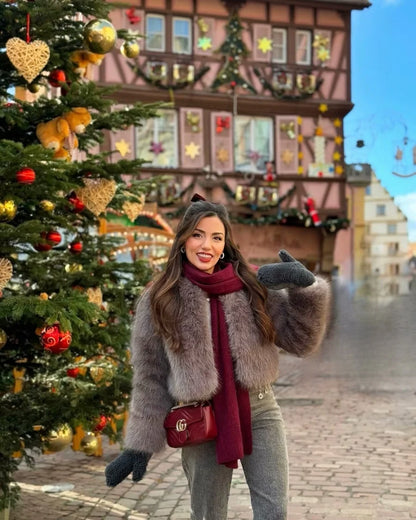 Faux fur jacket Traf 2024 Fall/Winter New Fashion Women's Faux Fur Effect Round Neck Long Sleeve Short Jacket