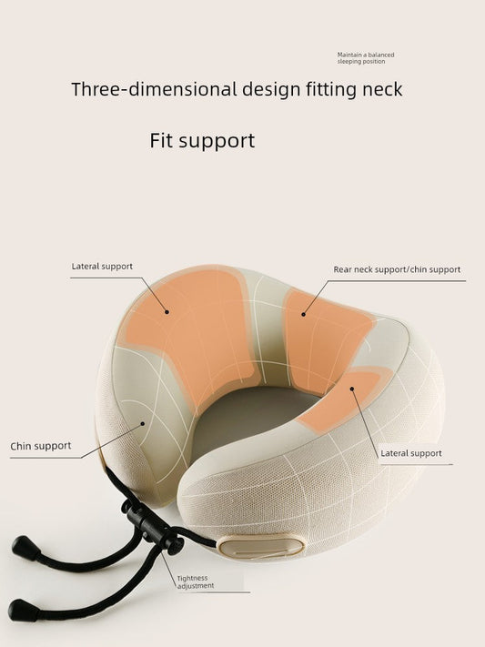 U-shaped travel pillow with three-dimensional design and memory cotton for neck support.