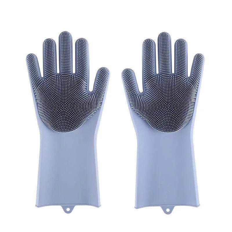 Pet grooming gloves with silicone tips for hair removal and cleaning.