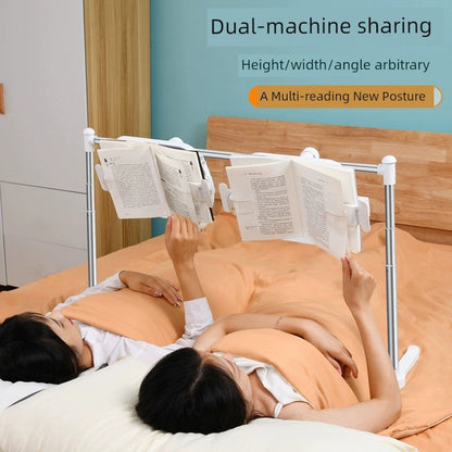Adjustable book holder for bed, dual-machine sharing, height/width/angle adjustable, ideal for comfortable reading in bed.