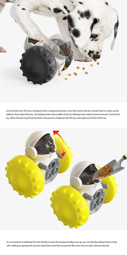Interactive treat dispensing dog toy with ABS material for dogs.