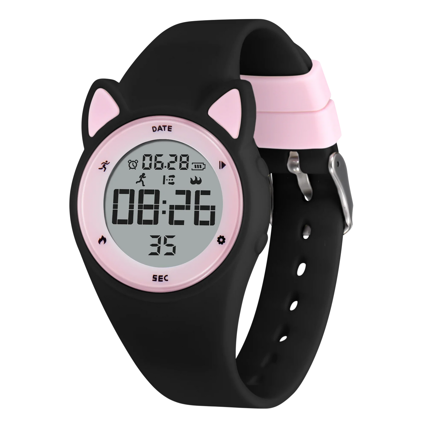 Kids fitness tracker watch with black silicone band and pink animal-shaped case, featuring an LED display for tracking activity.