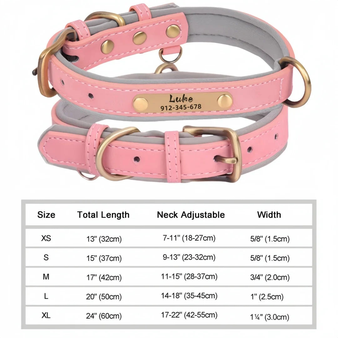Personalized leather custom dog collar in pink with gold hardware and engraved ID tag, size chart included.