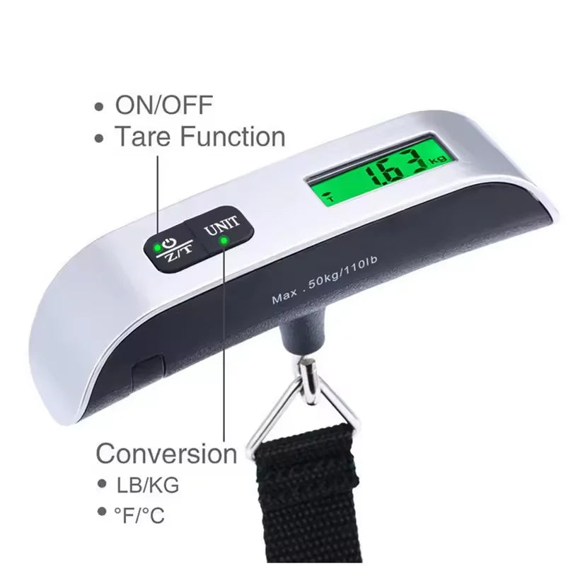 Digital luggage scale with LCD display showing 16.3 kg, tare and unit conversion buttons, and a strong metal hook.