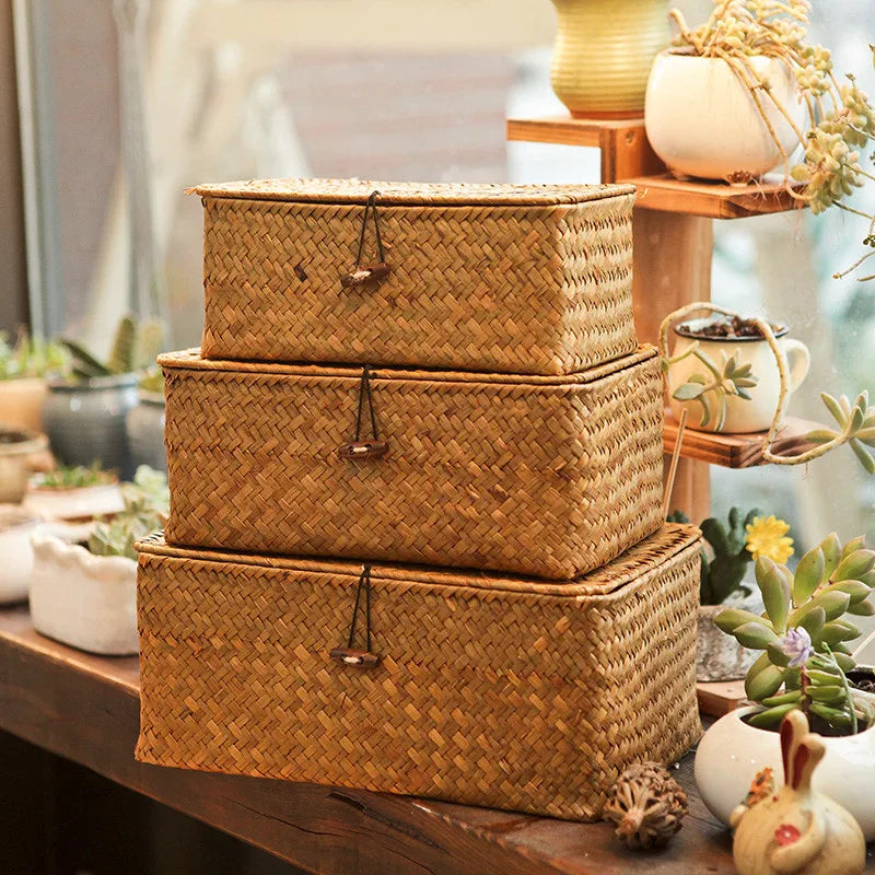 Handwoven rectangular rattan wicker desktop storage boxes for organizing sundries and clothes.