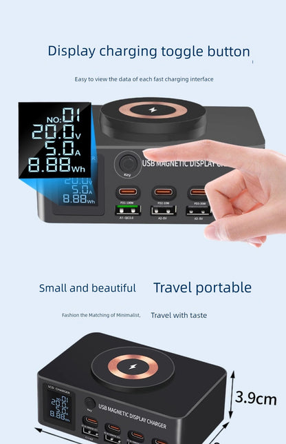 GaN fast charger with PD and magnetic display, showcasing screen and multiple USB/Type-C ports suitable for travel use.
