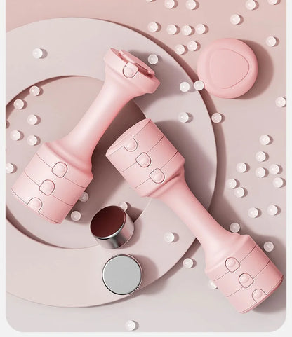 Pink adjustable dumbbells with a rubber cover designed for strength training.
