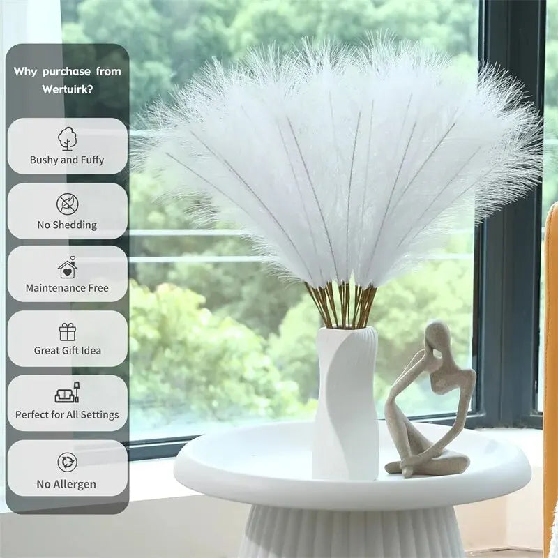 Artificial white pampas grass in vase on table, showcasing bushy and fluffy appearance, ideal for indoor decoration.