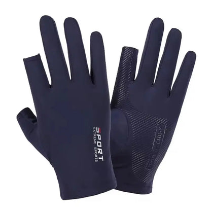 Unisex ice silk cycling gloves in navy blue with textured grip.
