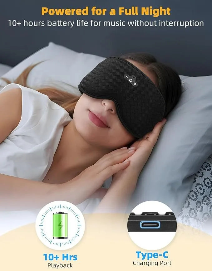 Bluetooth sleep mask with 10+ hour battery life for uninterrupted music playback.