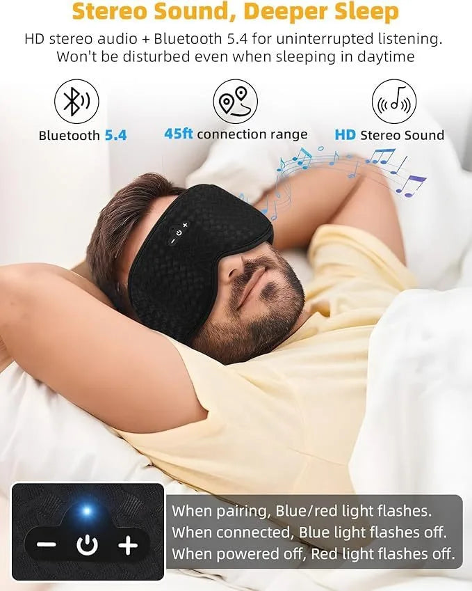 Bluetooth sleep mask with HD stereo sound and Bluetooth 5.4 for uninterrupted listening, featuring blue/red light indicators, providing a deeper sleep experience.