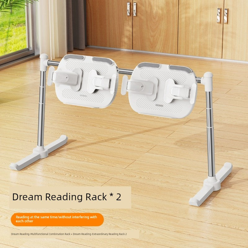 Adjustable book holder for bed with dual white racks, suitable for bedside use.