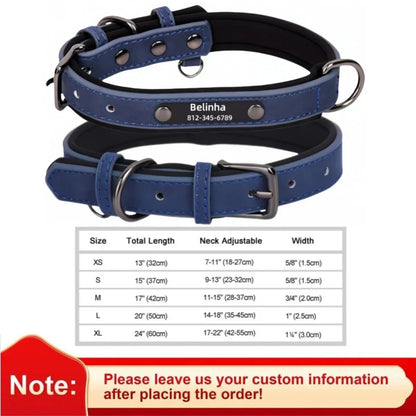 Adjustable personalized leather dog collar in navy blue with ID tag and custom engraving. Suitable for small, medium, and large dogs.