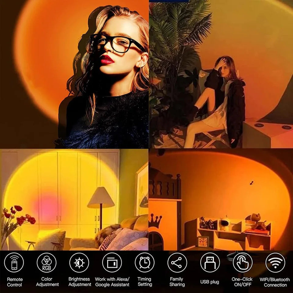 Sunset lamp projection with LED lights, remote control, 16 colors, 360° rotation, and 4 mode settings for ambient lighting and photography.