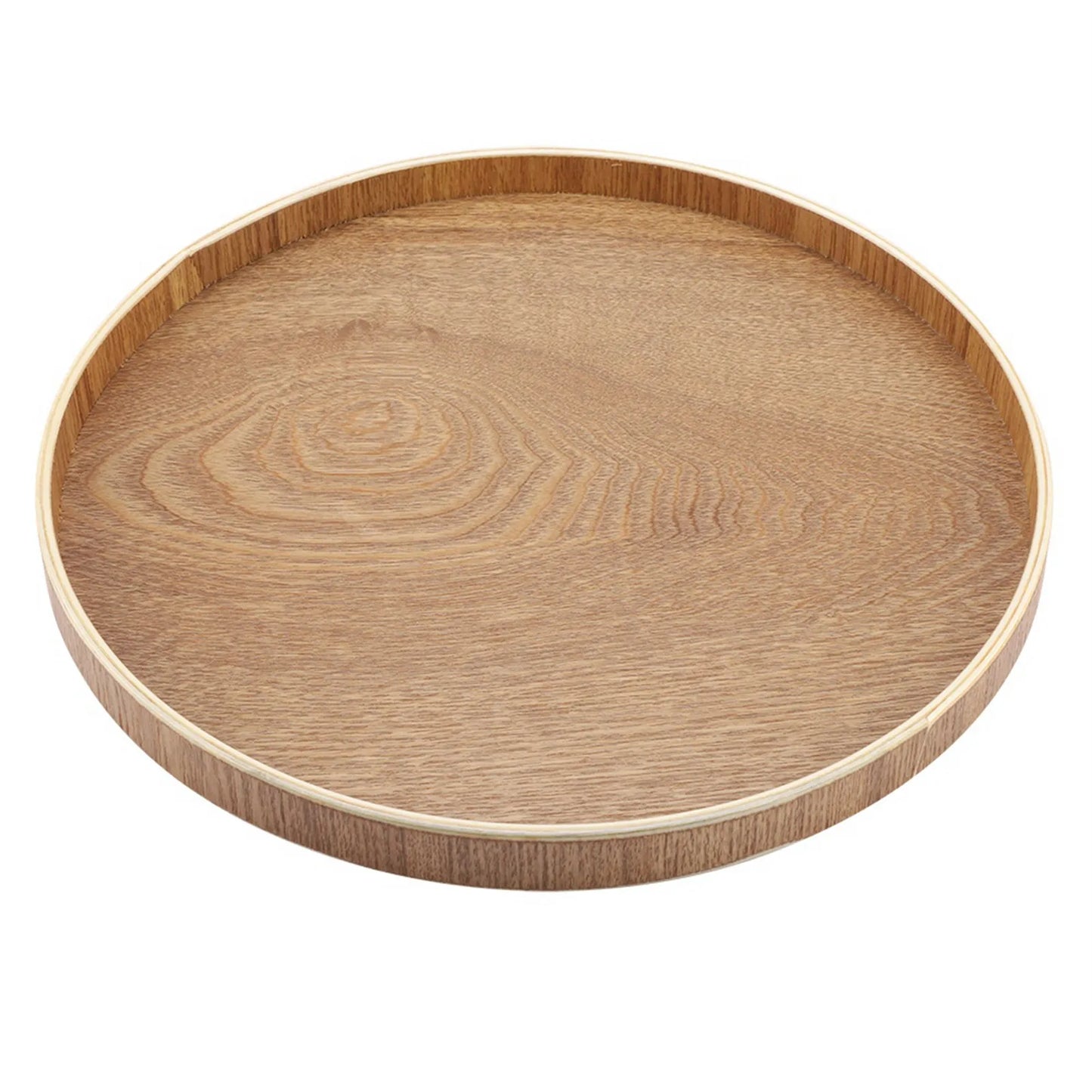 Round wooden serving tray for tea, fruits, and desserts, kitchen accessory.