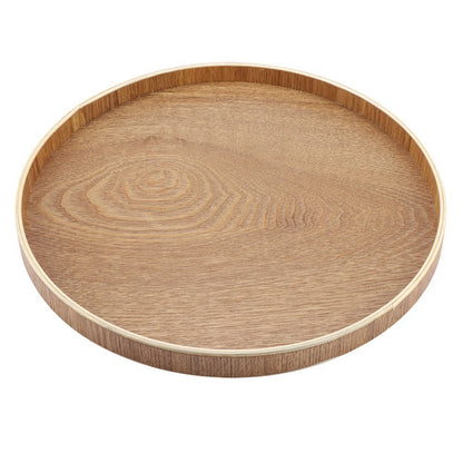 Round wooden serving tray for tea, fruits, and desserts, kitchen accessory.