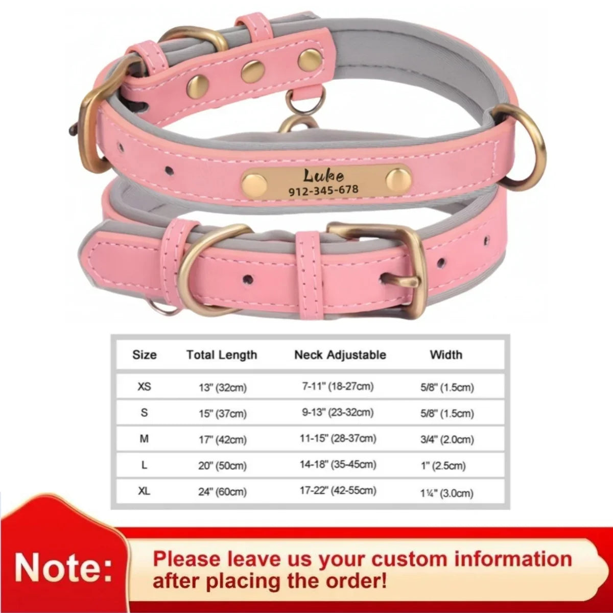 Personalized leather custom dog collar, pink, with gold ID tag; adjustable sizes for small to large dogs.