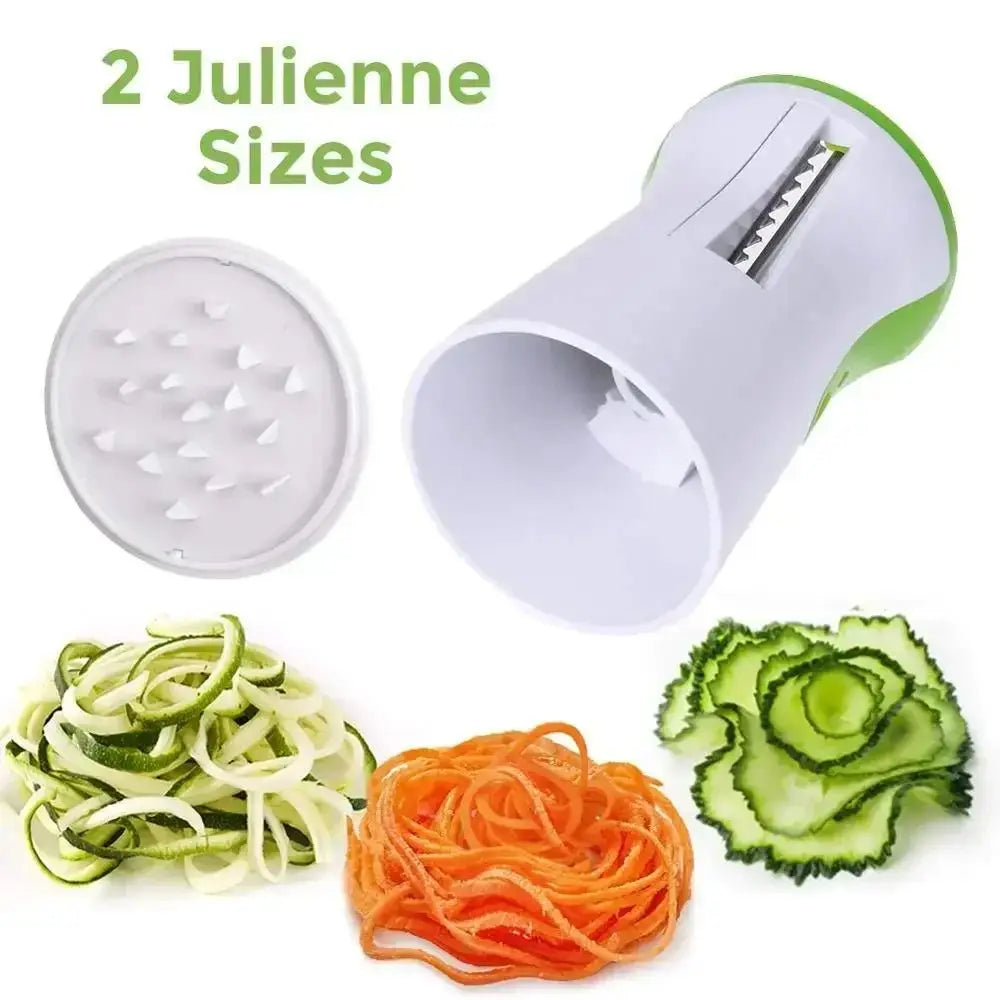 Vegetable spiralizer with 2 julienne sizes, featuring stainless steel blades for slicing zucchini, carrots, and cucumbers.
