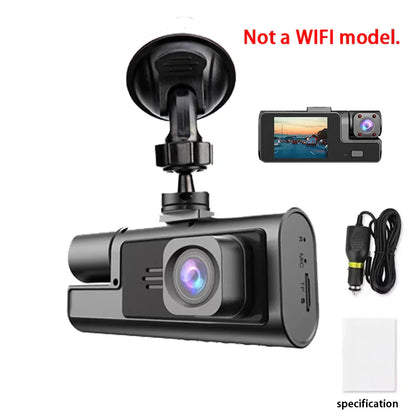 Dash cam with hidden assembly, two lenses, built-in battery, 1280x720 resolution, and night shot function.