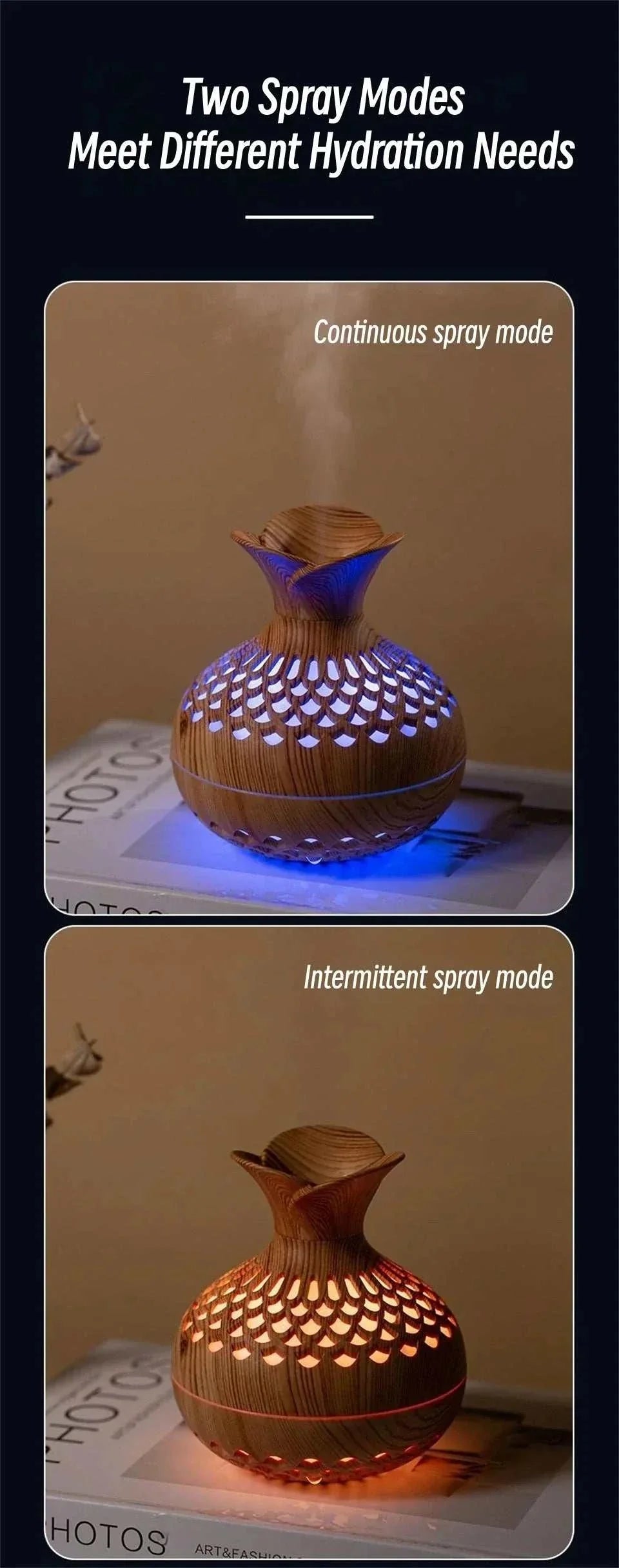 Wood grain humidifier with two spray modes and colorful lighting.