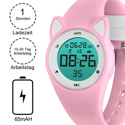 Pink kids fitness tracker watch with LED display and silicone band.