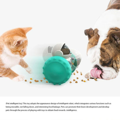 Interactive treat dispensing dog toy for pets, featuring a turquoise design, with cat and bulldog engaging.