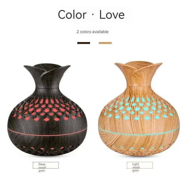 Wood grain humidifier with colorful lights in two designs, USB aroma diffuser ideal for home or office.