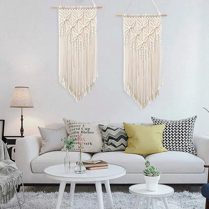 Handmade macrame wall hanging tapestry with tassels, woven art decor for living room and bedroom.